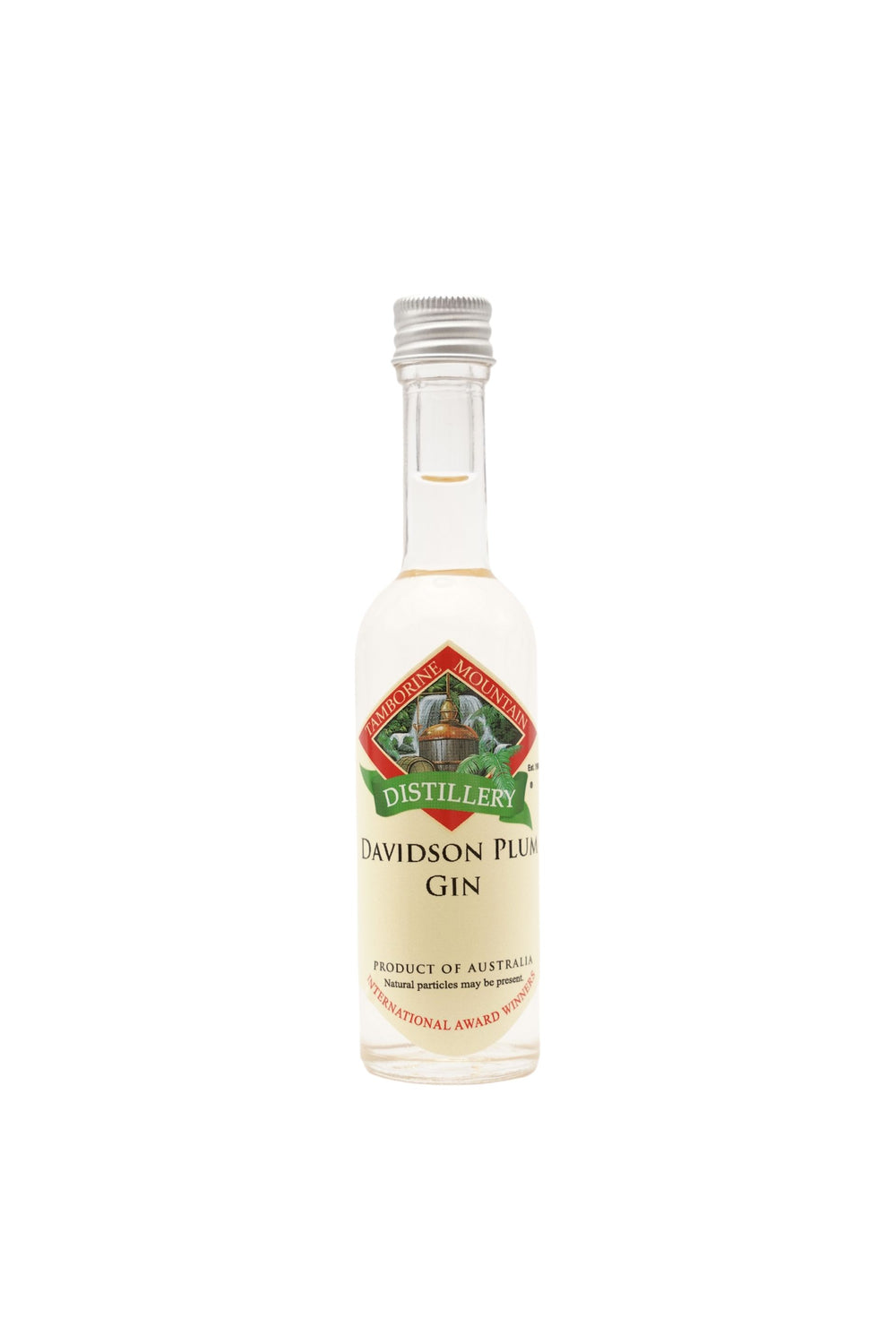 55ml handcrafted bottle of Tamborine Mountain Distillery’s Davidson Plum Gin, in clear glass with small artisan label
