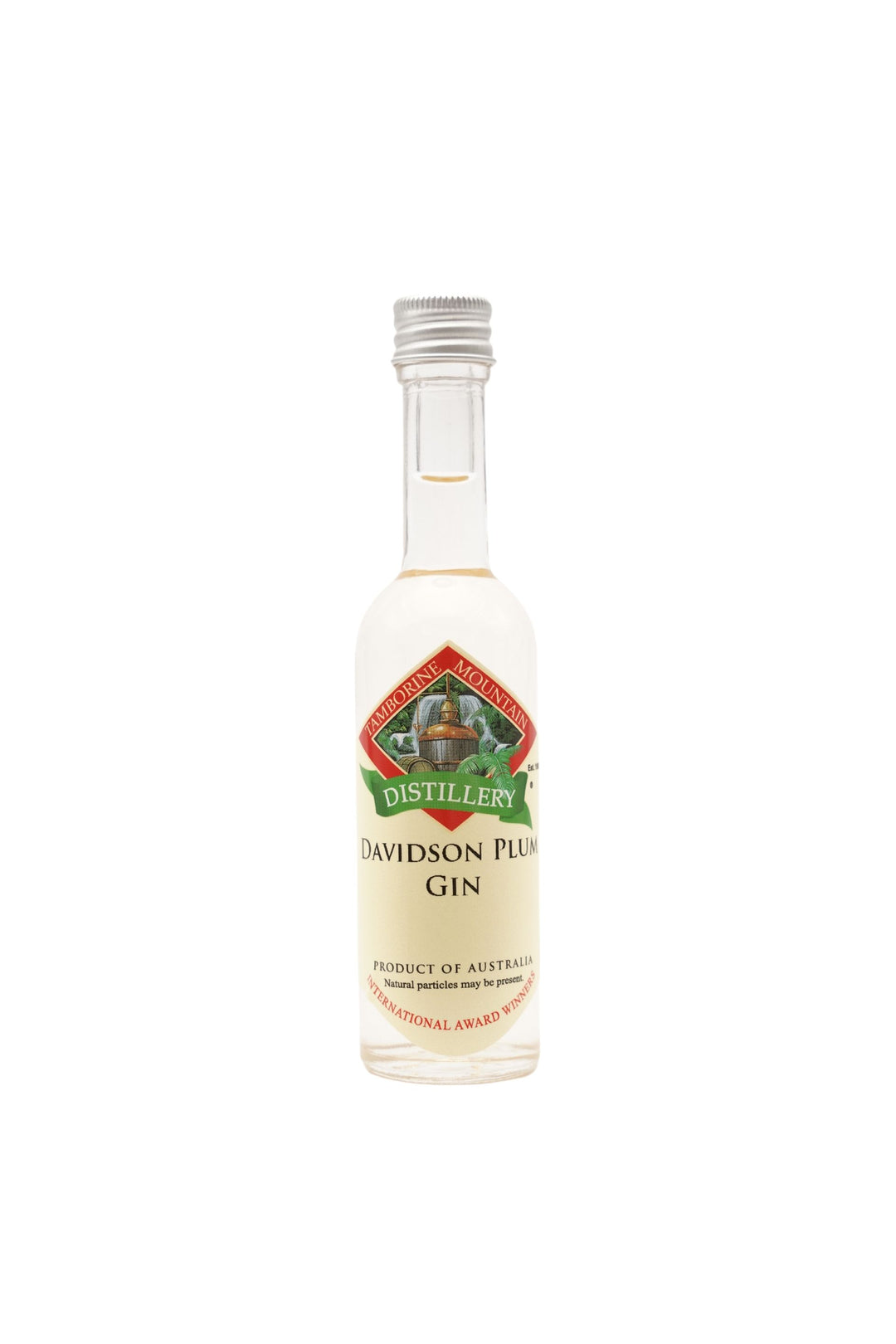 55ml handcrafted bottle of Tamborine Mountain Distillery’s Davidson Plum Gin, in clear glass with small artisan label