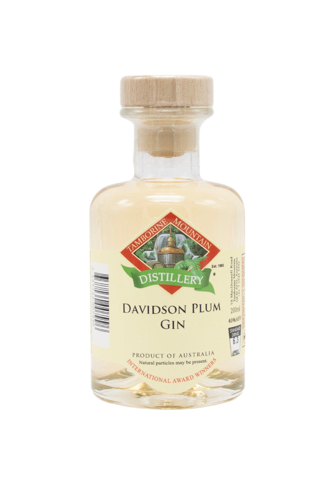 200ml handcrafted bottle of Tamborine Mountain Distillery’s Davidson Plum Gin, in clear glass with small artisan label