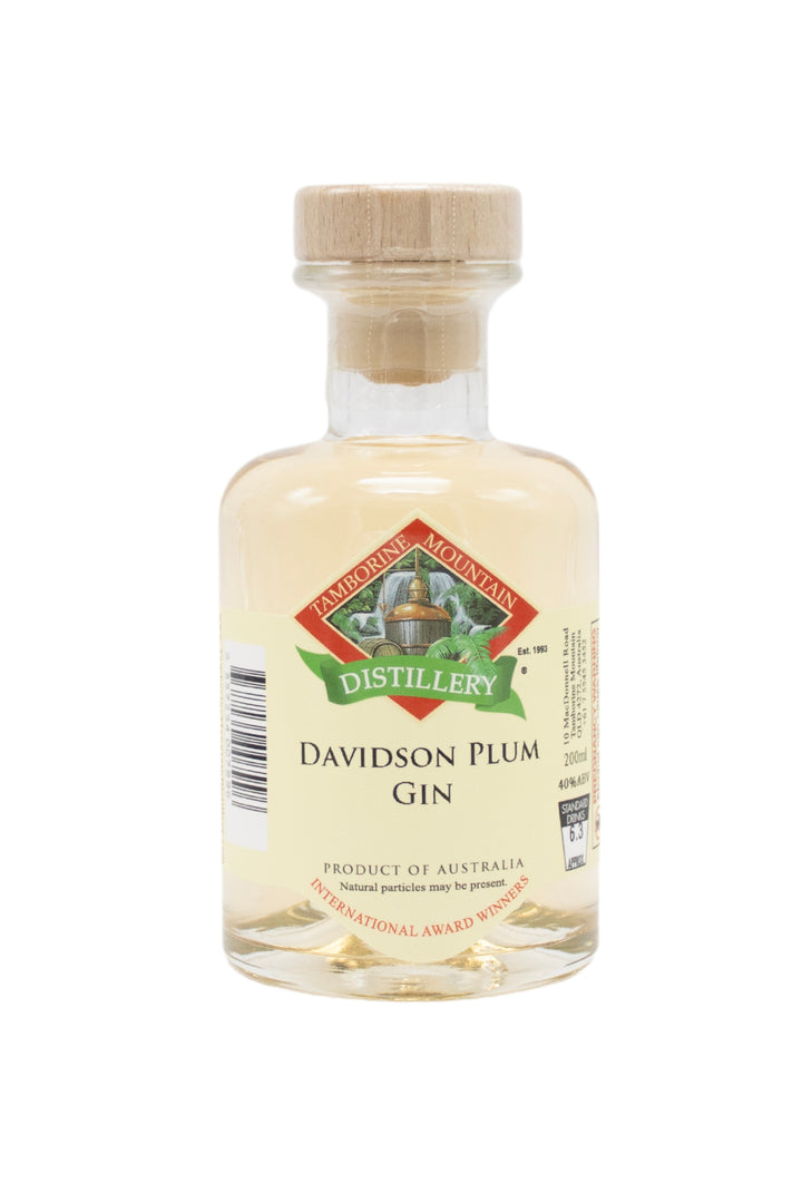 200ml handcrafted bottle of Tamborine Mountain Distillery’s Davidson Plum Gin, in clear glass with small artisan label