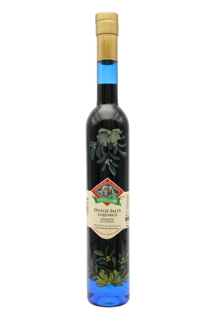 375ml handcrafted bottle of Tamborine Mountain Distillery’s Dutch Salty Liquorice Liqueur, featuring botanical artwork, coloured glass, and small artisan label