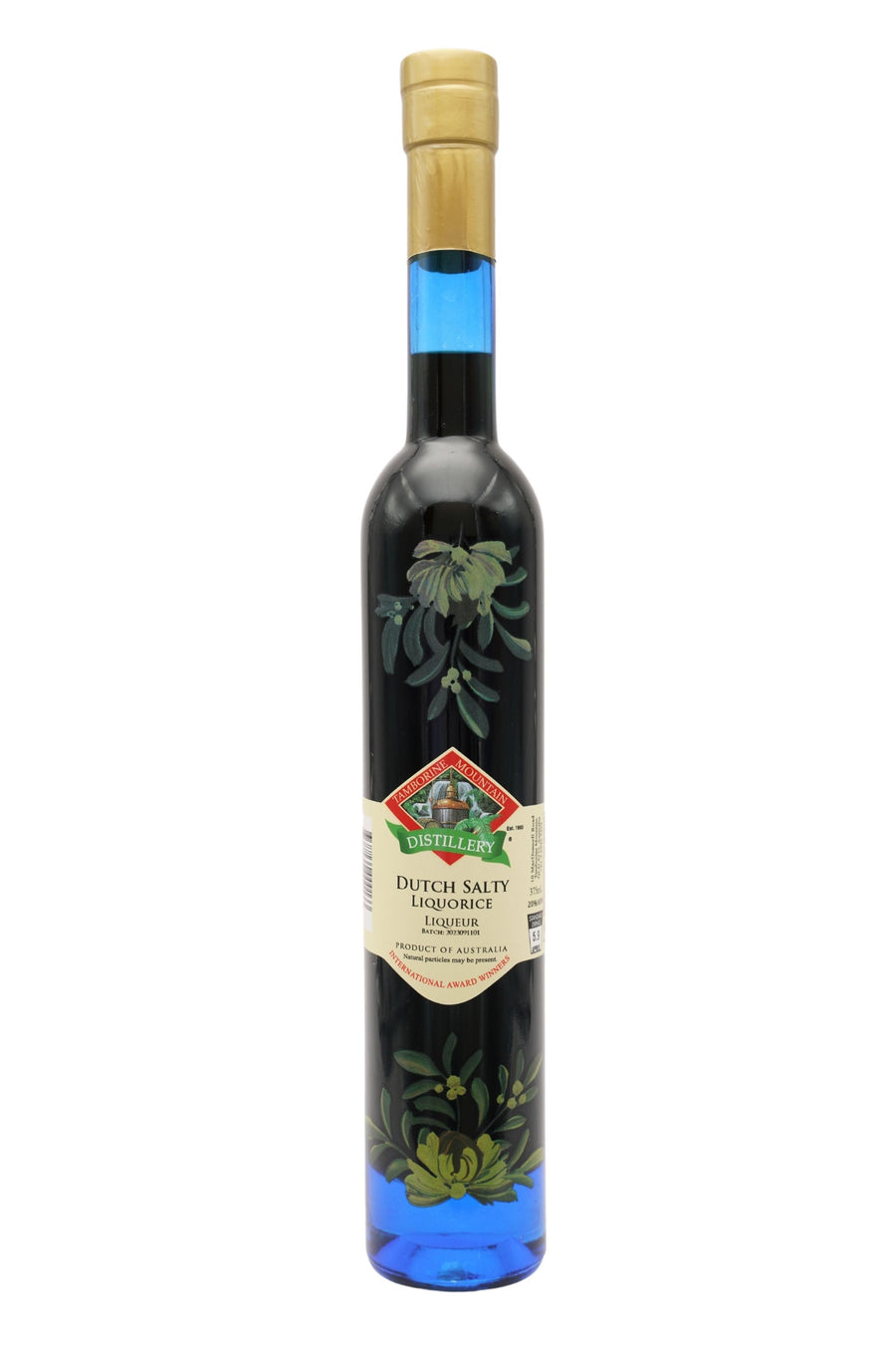 375ml handcrafted bottle of Tamborine Mountain Distillery’s Dutch Salty Liquorice Liqueur, featuring botanical artwork, coloured glass, and small artisan label