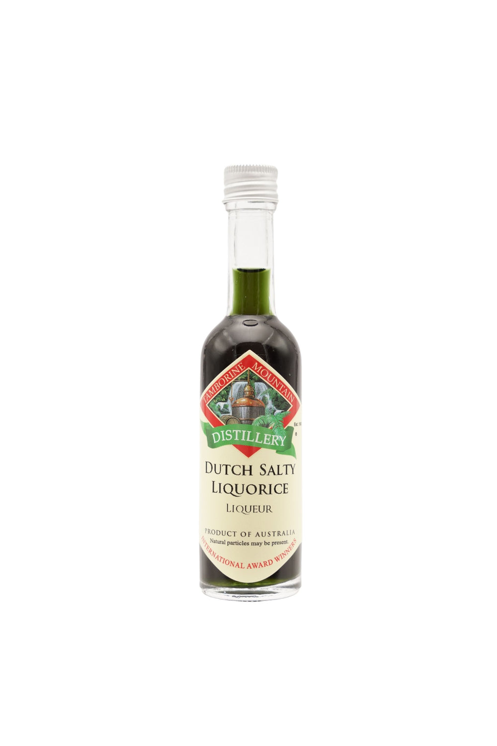 55ml handcrafted bottle of Tamborine Mountain Distillery’s Dutch Salty Liquorice Liqueur, in clear glass with small artisan label