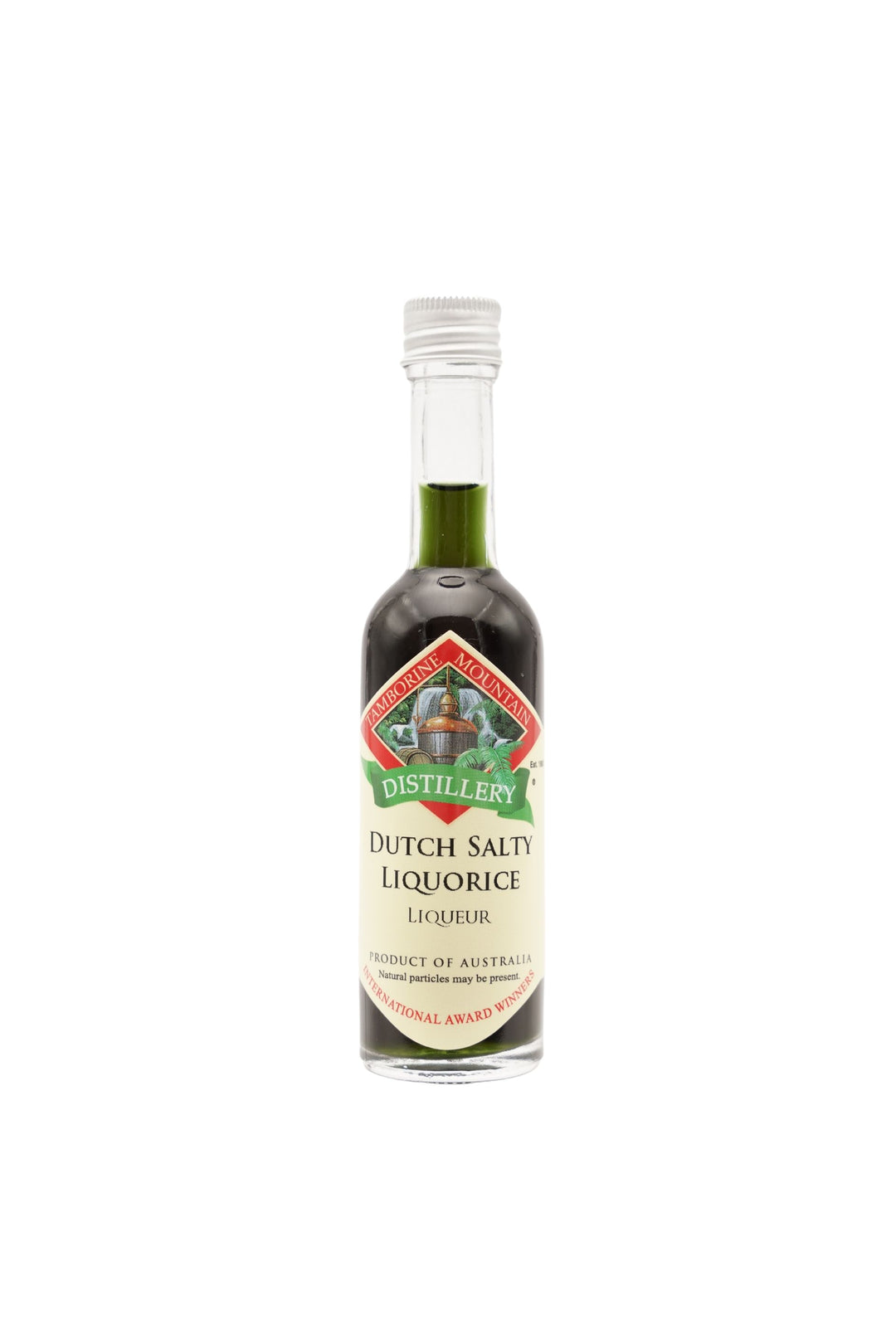 55ml handcrafted bottle of Tamborine Mountain Distillery’s Dutch Salty Liquorice Liqueur, in clear glass with small artisan label