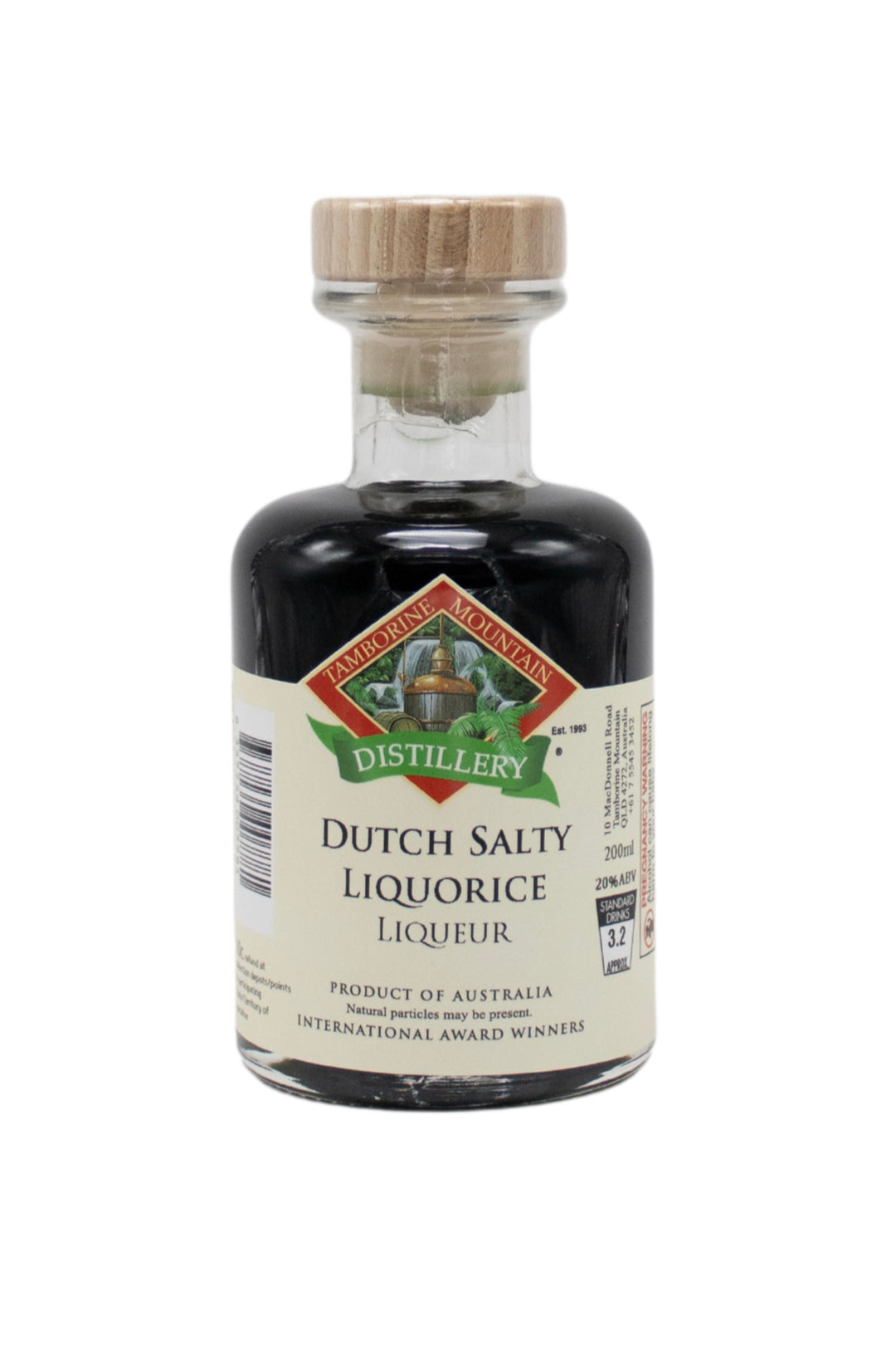 200ml handcrafted bottle of Tamborine Mountain Distillery’s Dutch Salty Liquorice Liqueur, in clear glass with small artisan label
