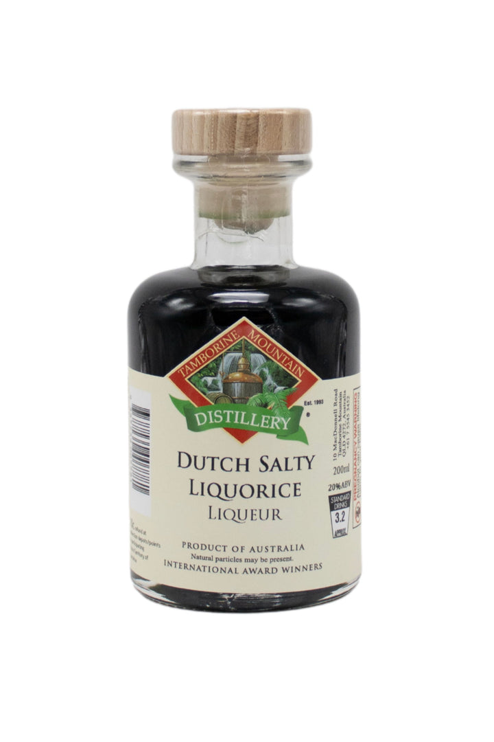 200ml handcrafted bottle of Tamborine Mountain Distillery’s Dutch Salty Liquorice Liqueur, in clear glass with small artisan label