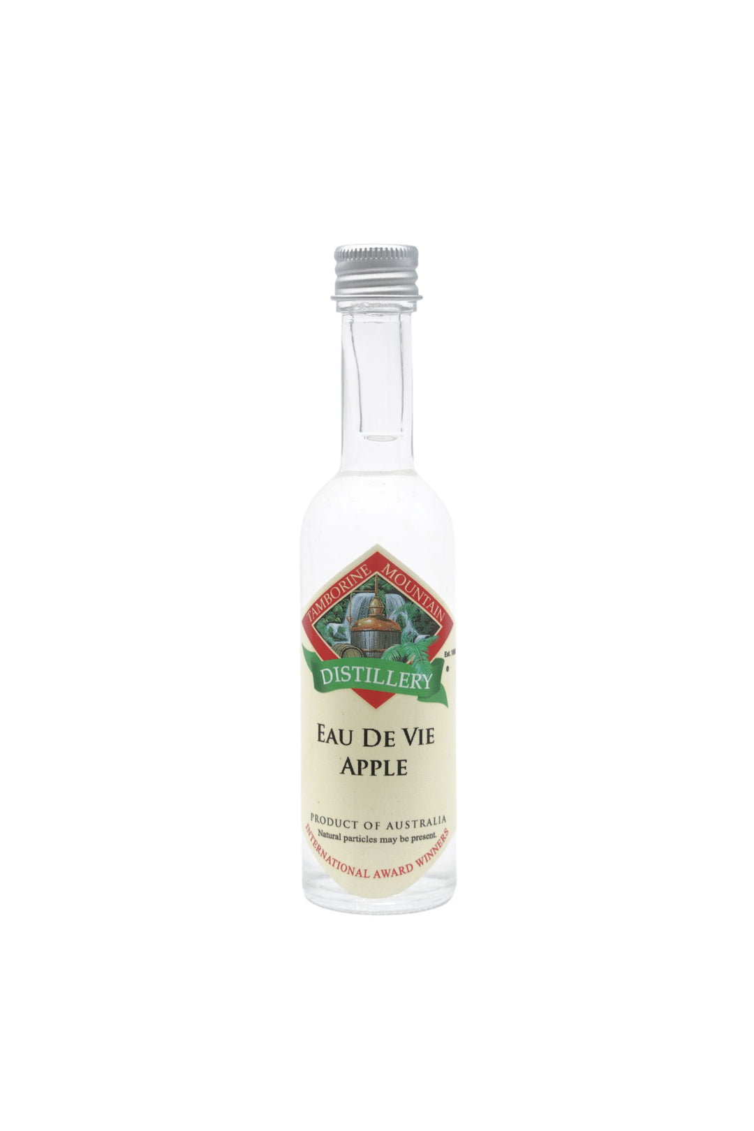55ml handcrafted bottle of Tamborine Mountain Distillery’s Apple Eau de Vie, in clear glass with small artisan label