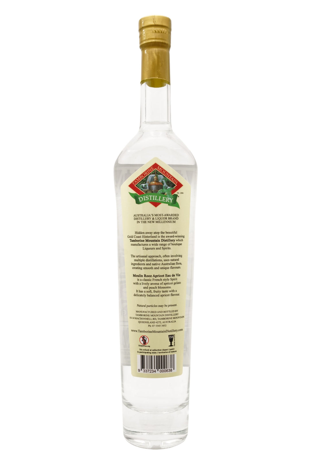 Back of 500ml clear glass bottle of Tamborine Mountain Distillery Eau de Vie Apricot, Moulin Rooz edition, featuring a detailed label with a playful kangaroo illustration.