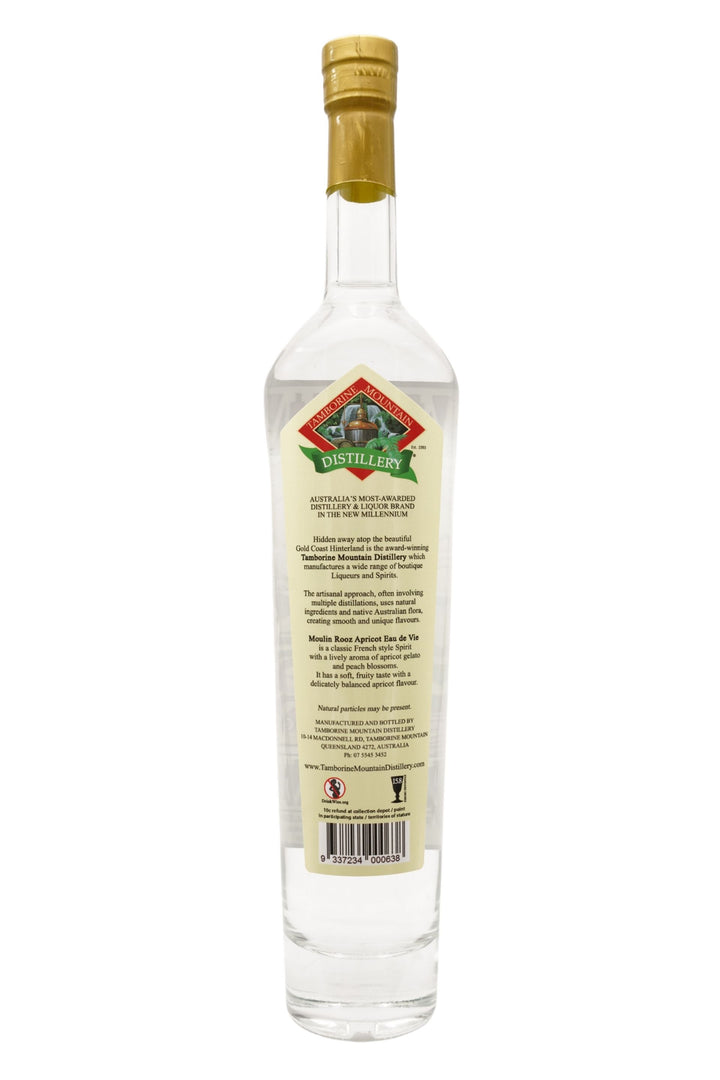 Back of 500ml clear glass bottle of Tamborine Mountain Distillery Eau de Vie Apricot, Moulin Rooz edition, featuring a detailed label with a playful kangaroo illustration.
