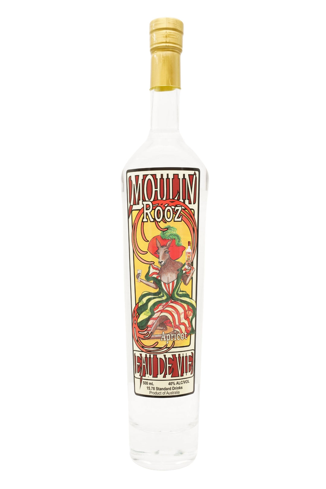 Front of 500ml clear glass bottle of Tamborine Mountain Distillery Eau de Vie Apricot, Moulin Rooz edition, featuring a detailed label with a playful kangaroo illustration.