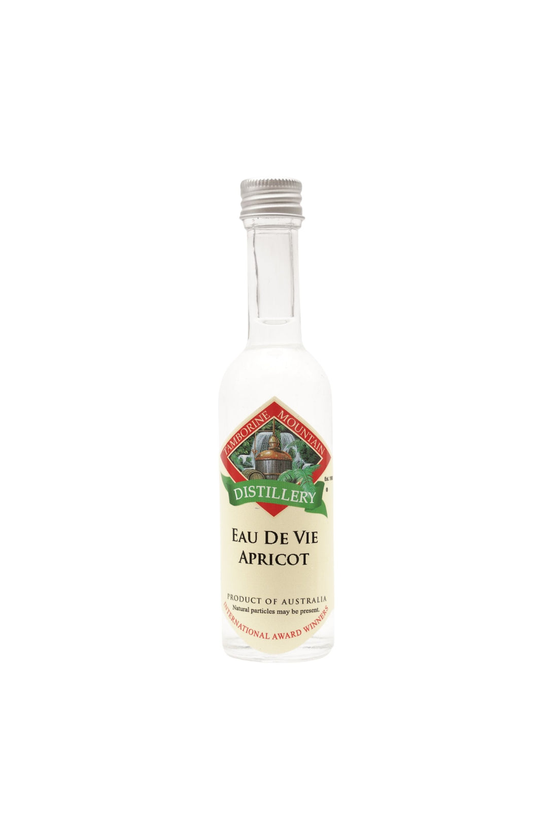 55ml handcrafted bottle of Tamborine Mountain Distillery’s Apricot Eau de Vie, in clear glass with small artisan label