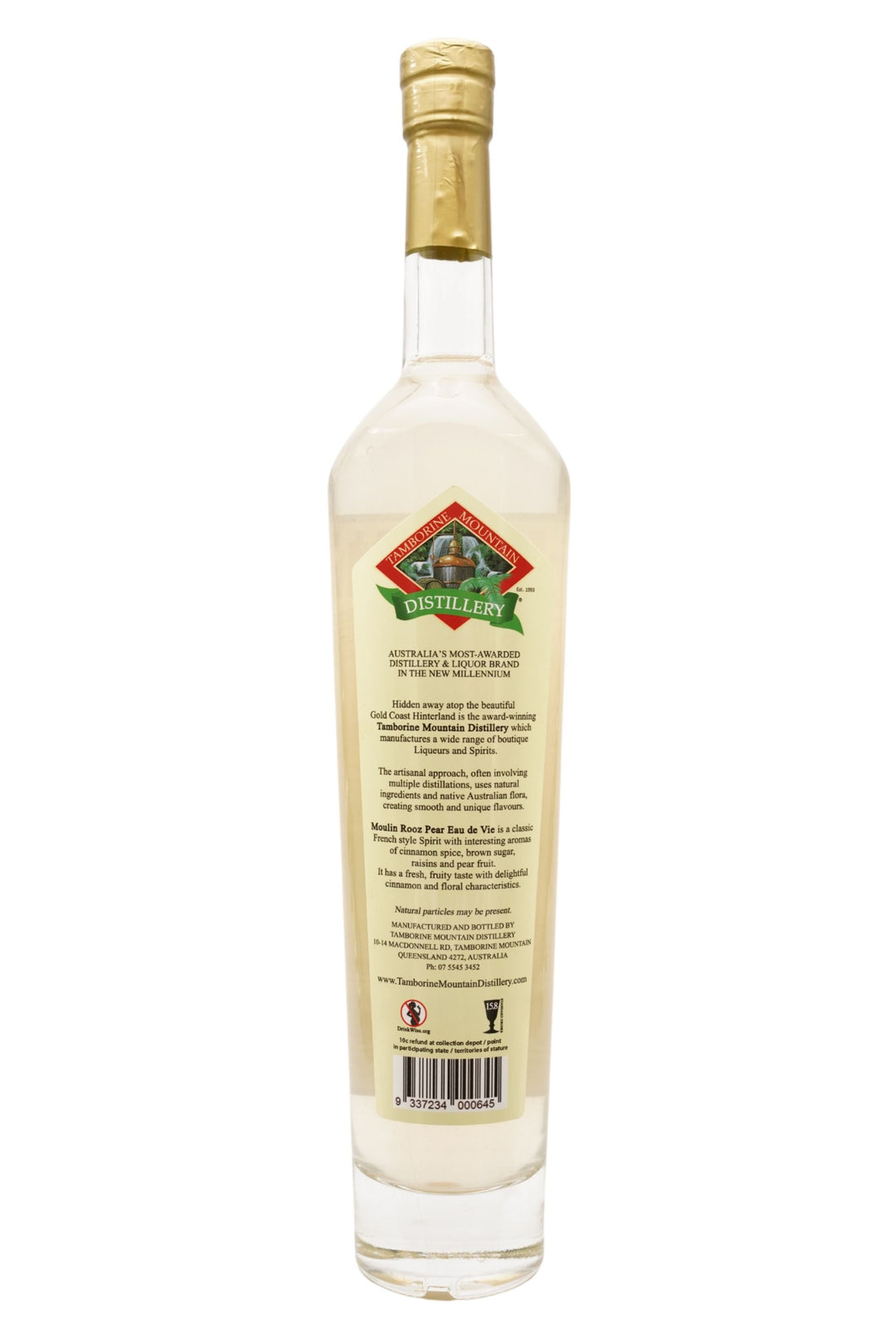 Back of 500ml clear glass bottle of Tamborine Mountain Distillery Eau de Vie Pear, Moulin Rooz edition, featuring a detailed label with a playful kangaroo illustration.
