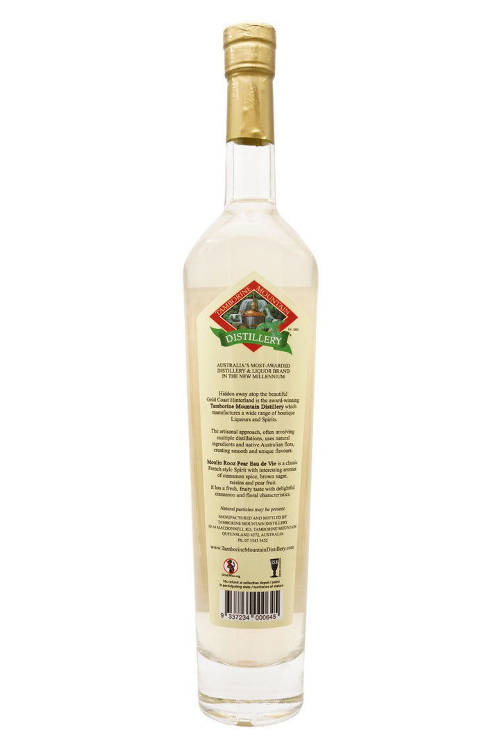 Back of 500ml clear glass bottle of Tamborine Mountain Distillery Eau de Vie Pear, Moulin Rooz edition, featuring a detailed label with a playful kangaroo illustration.