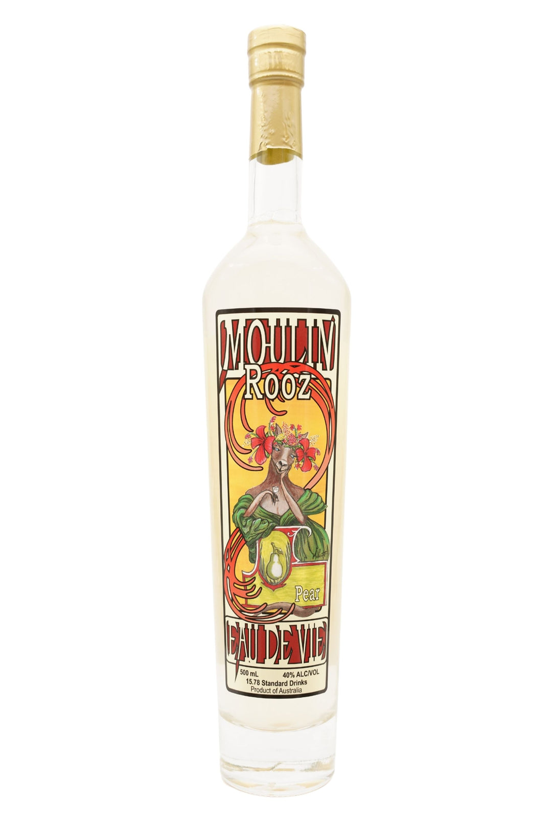 Front of 500ml clear glass bottle of Tamborine Mountain Distillery Eau de Vie Pear, Moulin Rooz edition, featuring a detailed label with a playful kangaroo illustration.