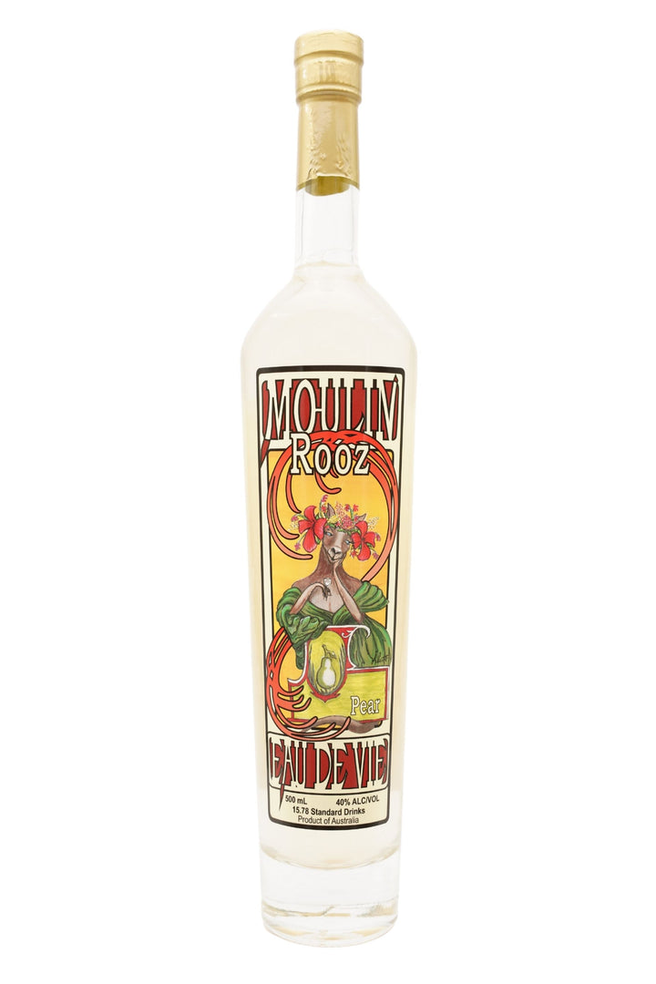 Front of 500ml clear glass bottle of Tamborine Mountain Distillery Eau de Vie Pear, Moulin Rooz edition, featuring a detailed label with a playful kangaroo illustration.