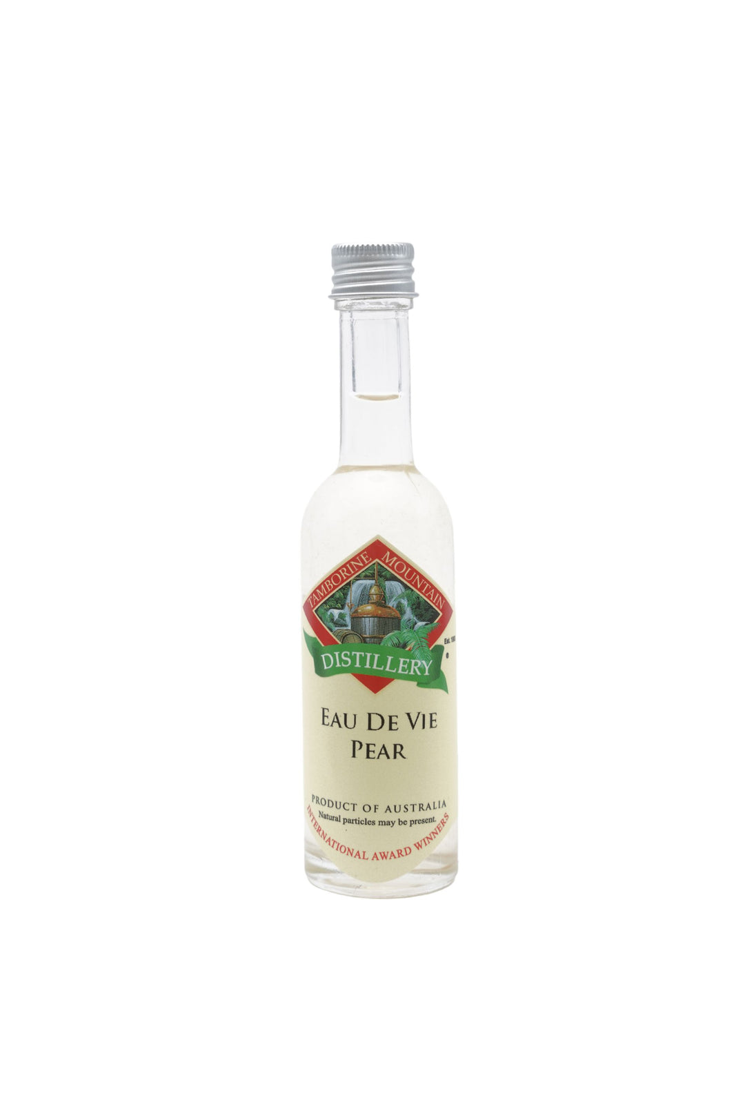 55ml handcrafted bottle of Tamborine Mountain Distillery’s Pear Eau de Vie, in clear glass with small artisan label