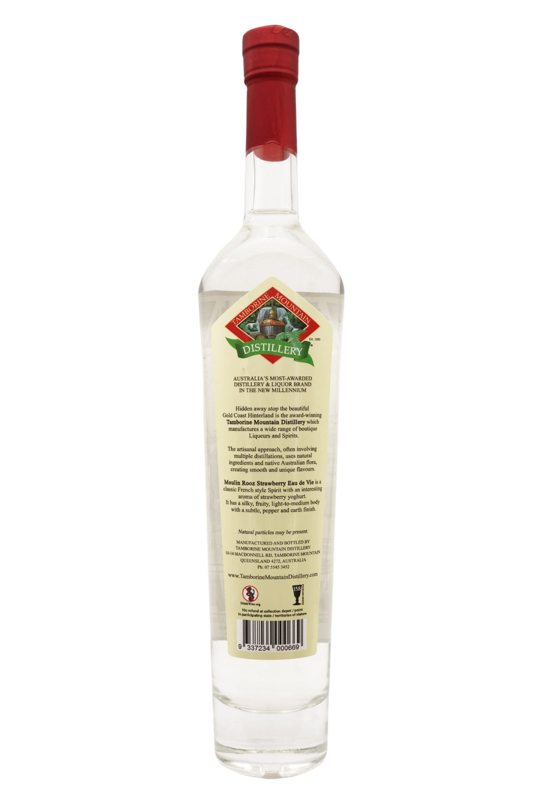 Back of 500ml clear glass bottle of Tamborine Mountain Distillery Eau de Vie Strawberry, Moulin Rooz edition, featuring a detailed label with a playful kangaroo illustration.