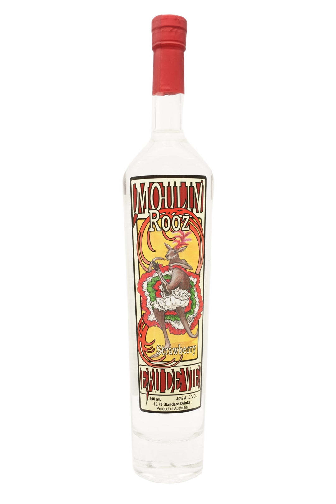 Front of 500ml clear glass bottle of Tamborine Mountain Distillery Eau de Vie Strawberry, Moulin Rooz edition, featuring a detailed label with a playful kangaroo illustration.