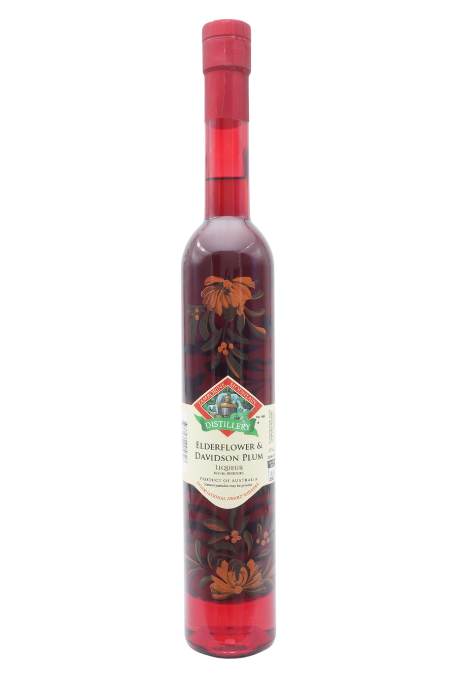 375ml handcrafted bottle of Tamborine Mountain Distillery’s Elderflower & Davidson Plum Liqueur, featuring botanical artwork, coloured glass, and small artisan label