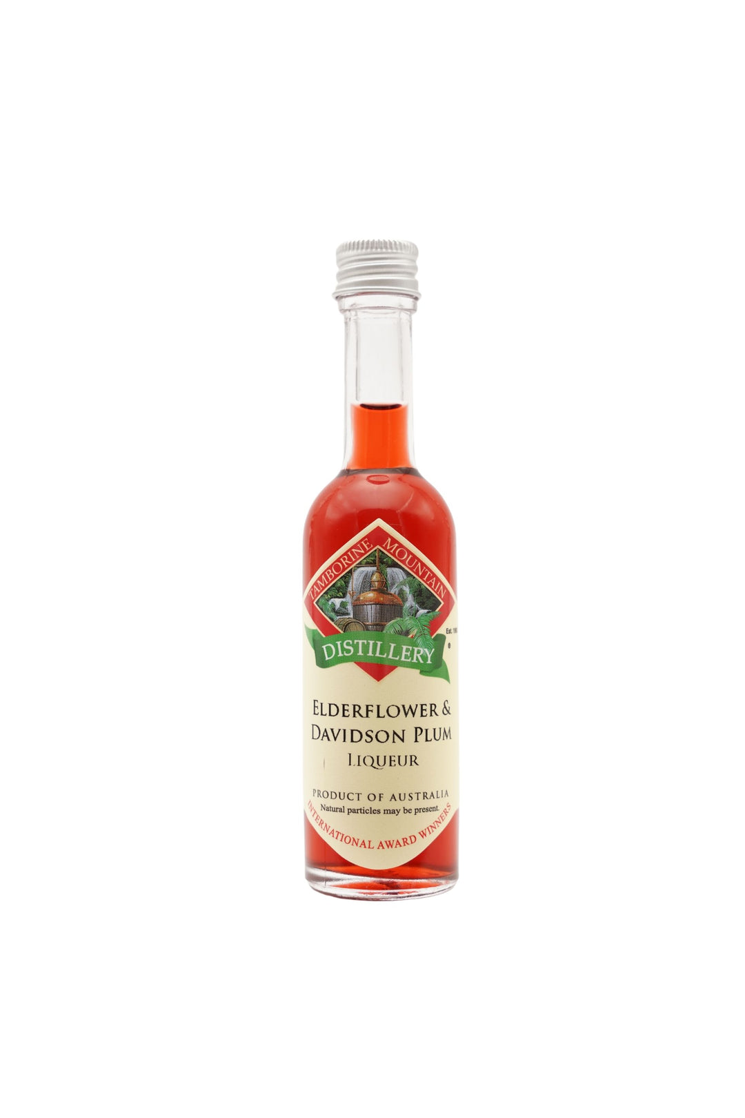 55ml handcrafted bottle of Tamborine Mountain Distillery’s Elderflower & Davidson Plum Liqueur, in clear glass with small artisan label