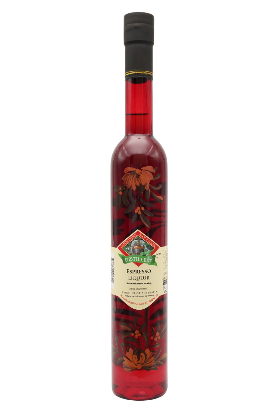 375ml handcrafted bottle of Tamborine Mountain Distillery’s Espresso Liqueur, featuring botanical artwork, coloured glass, and small artisan label