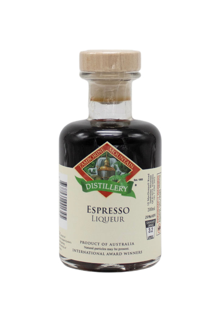 200ml handcrafted bottle of Tamborine Mountain Distillery’s Espresso Liqueur, in clear glass with small artisan label