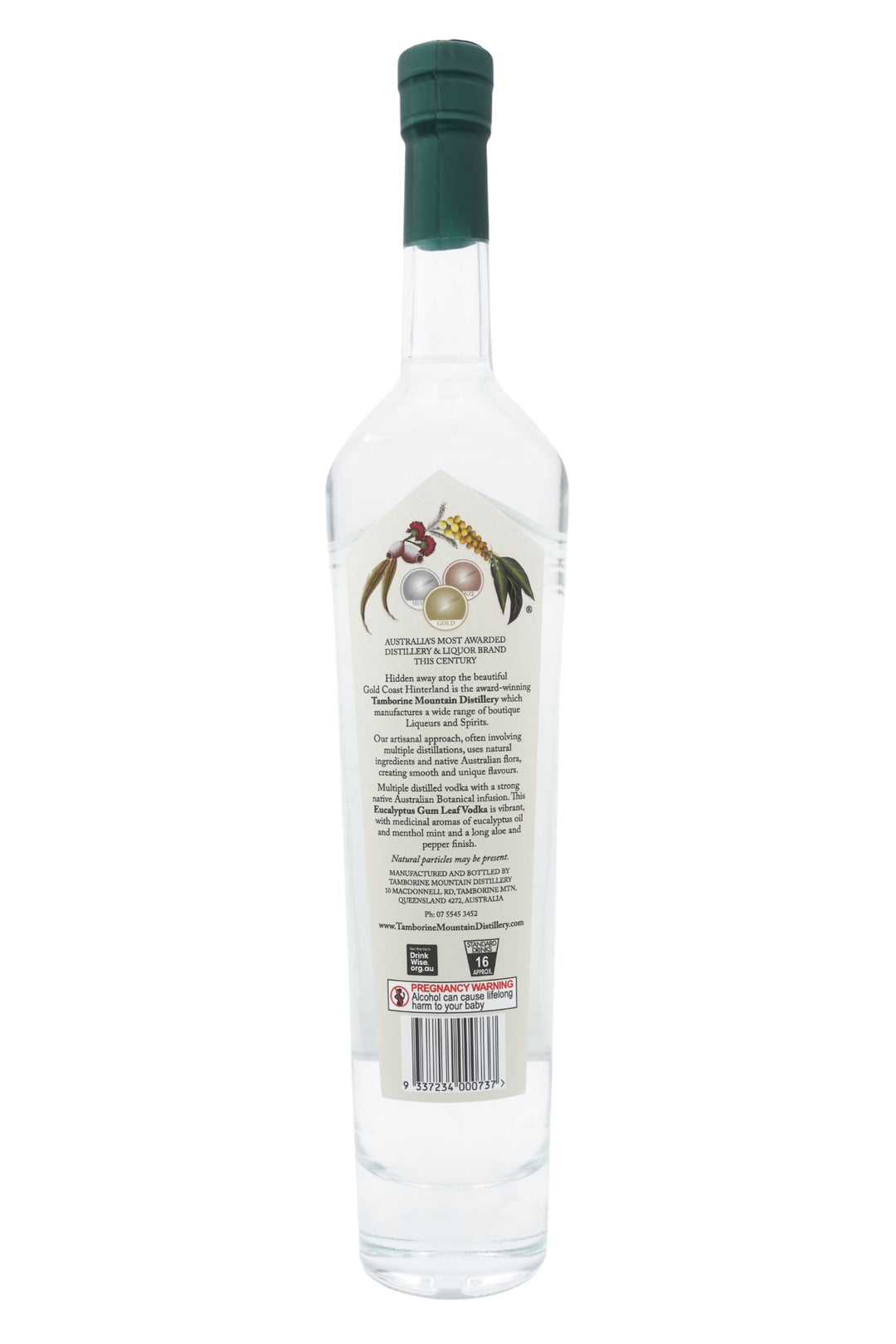 Back view of 500ml handcrafted clear glass bottle of Tamborine Mountain Distillery’s Eucalyptus Gum Leaf Vodka, featuring a label and a watercolour design