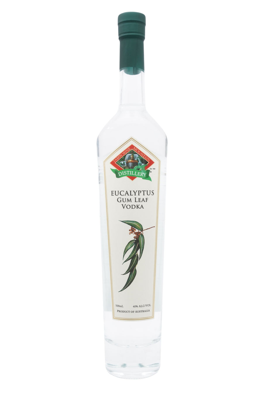 Front view of 500ml handcrafted clear glass bottle of Tamborine Mountain Distillery’s Eucalyptus Gum Leaf Vodka, featuring a label and a watercolour design