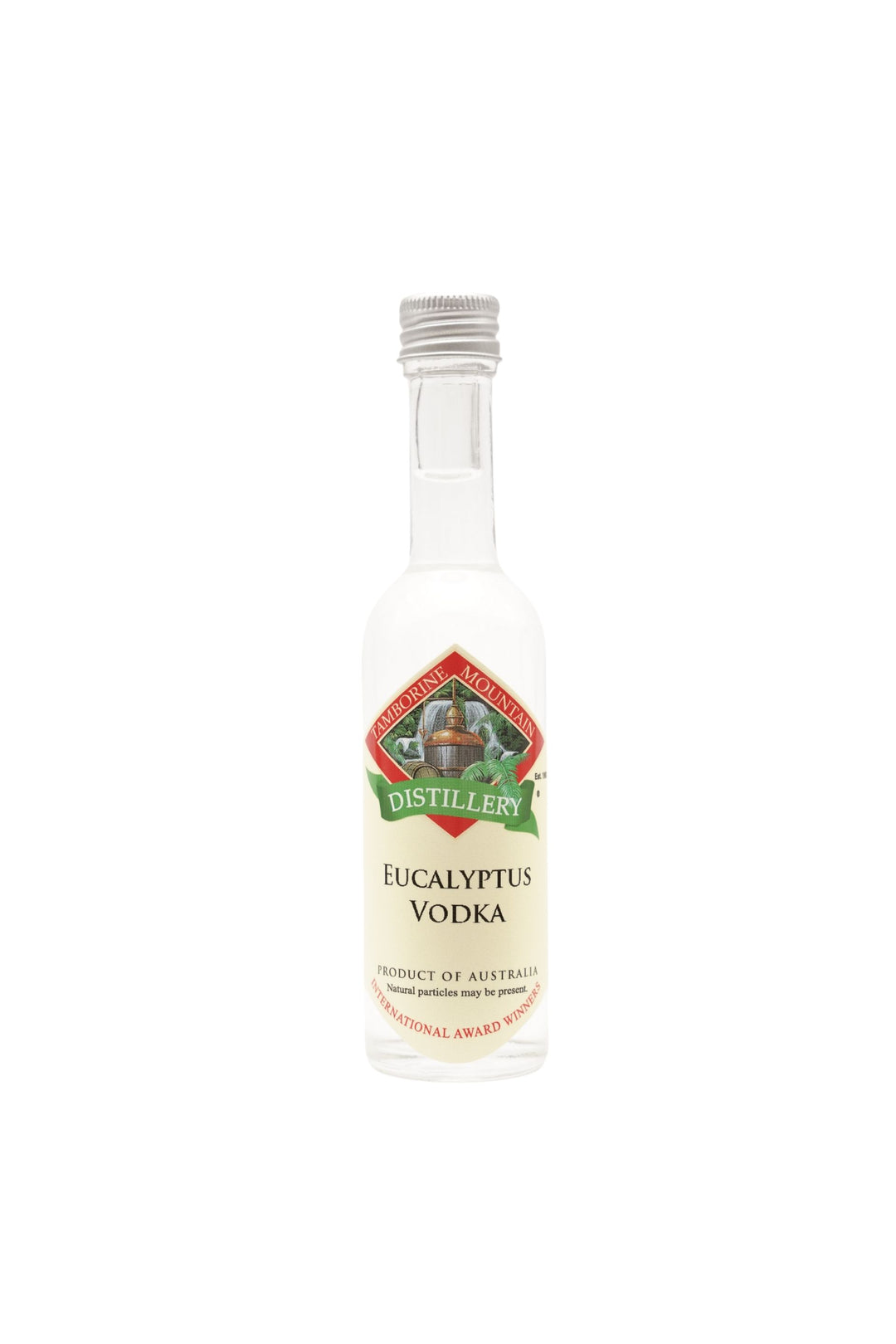 55ml handcrafted bottle of Tamborine Mountain Distillery’s Eucalyptus Vodka, in clear glass with small artisan label