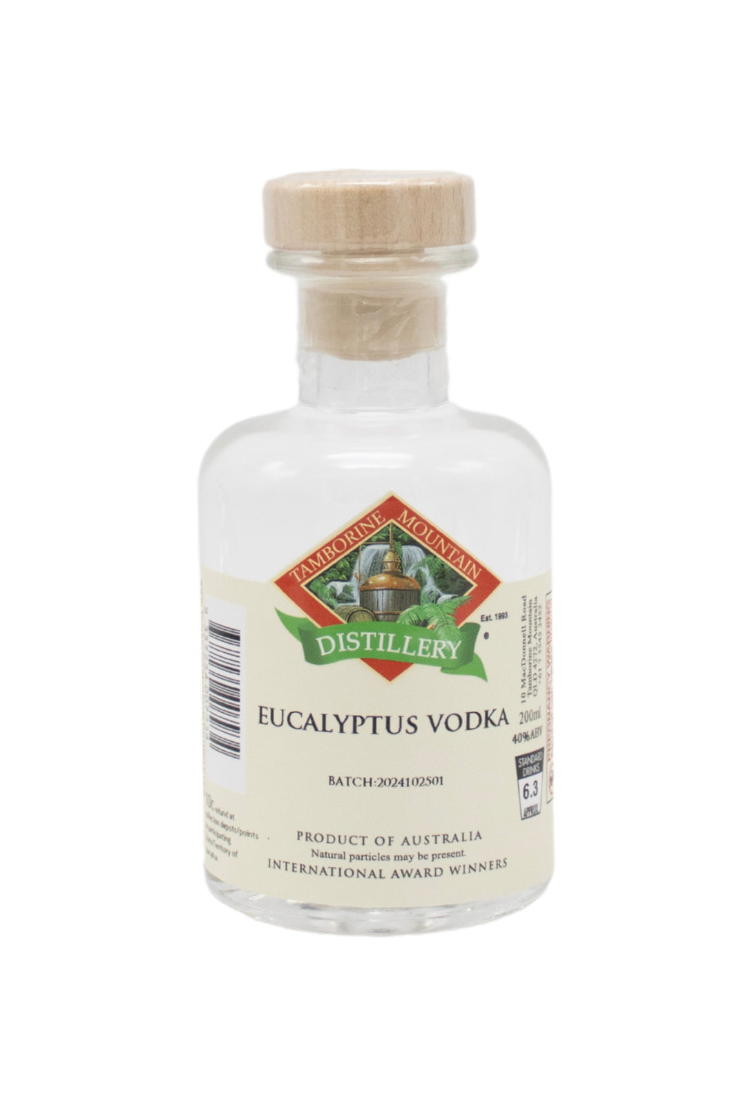 200ml handcrafted bottle of Tamborine Mountain Distillery’s Eucalyptus Vodka, in clear glass with small artisan label