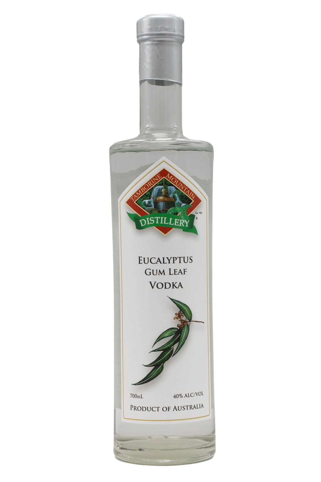 700ml clear glass bottle of Tamborine Mountain Distillery Eucalyptus Gum Leaf Vodka, featuring a watercolour-style illustrated label reflecting its flavour profile.