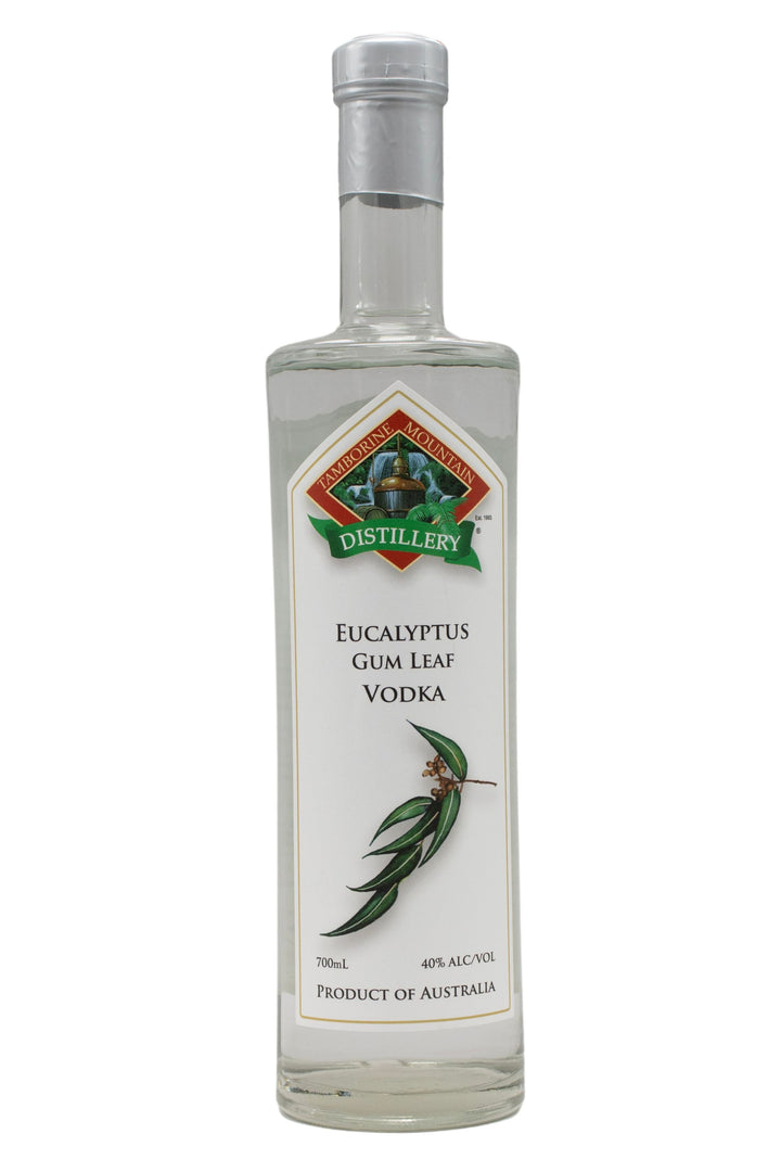 700ml clear glass bottle of Tamborine Mountain Distillery Eucalyptus Gum Leaf Vodka, featuring a watercolour-style illustrated label reflecting its flavour profile.