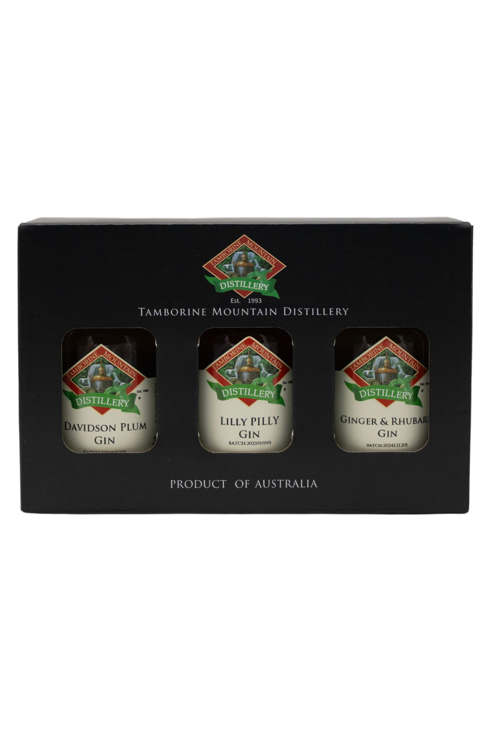 Tamborine Mountain Distillery 3 x 200ml Gin pack gift box, closed, with branding and design visible.
