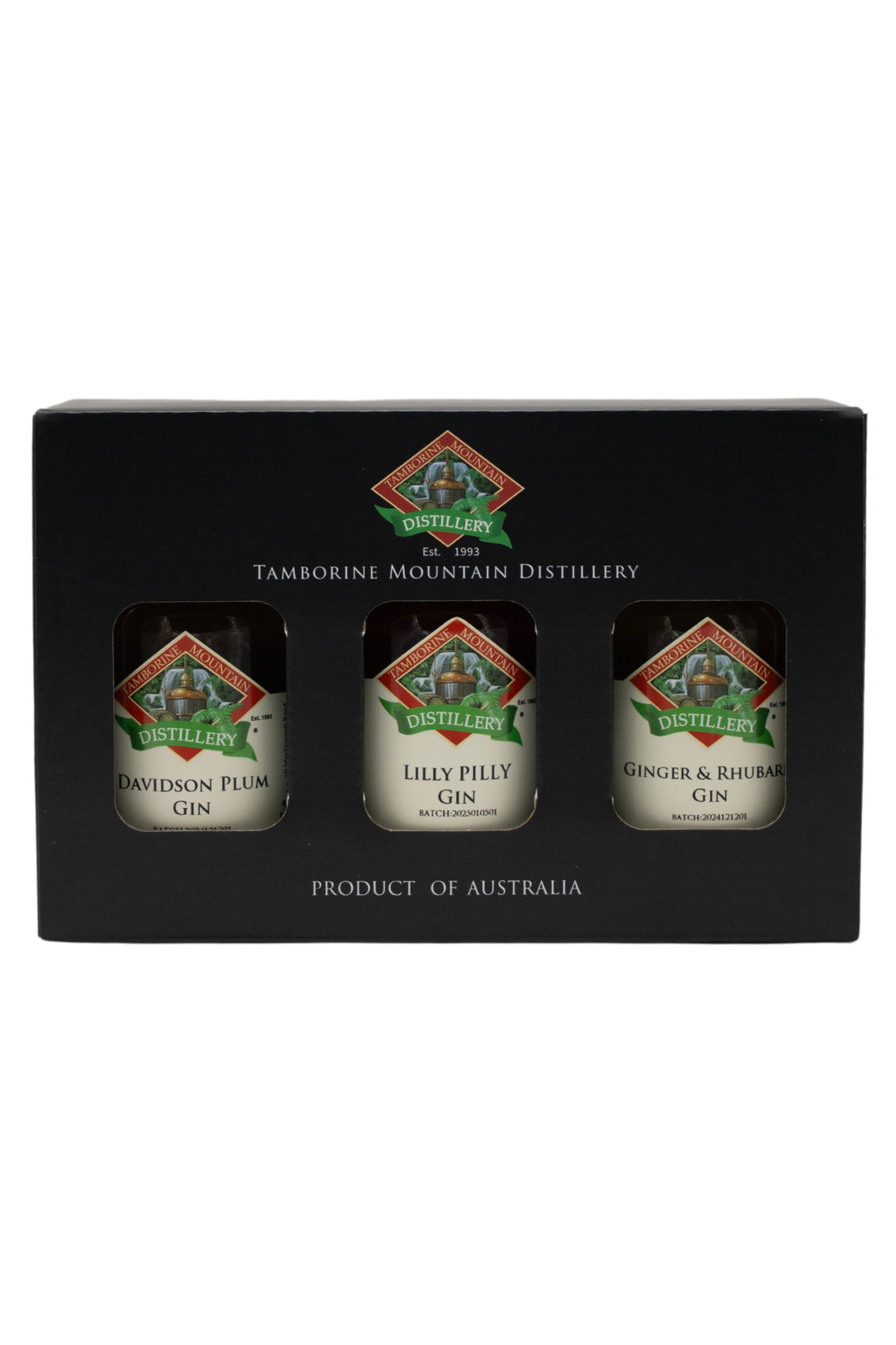 Tamborine Mountain Distillery 3 x 200ml Gin pack gift box, closed, with branding and design visible.