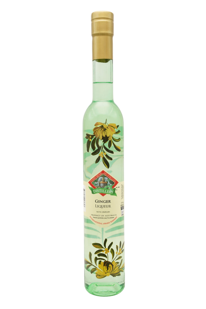 375ml handcrafted bottle of Tamborine Mountain Distillery’s Ginger Liqueur, featuring botanical artwork, coloured glass, and small artisan label