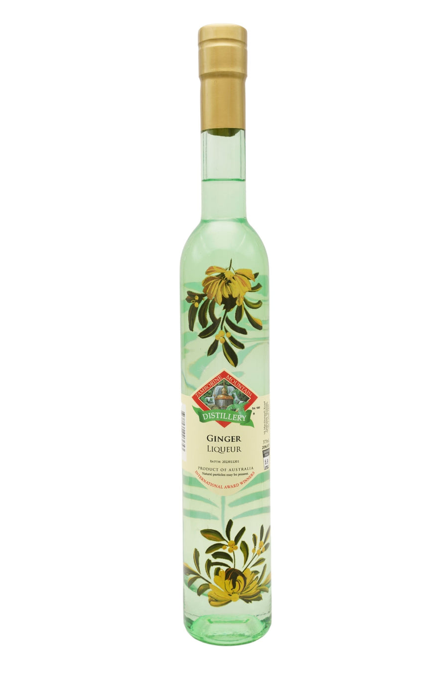 375ml handcrafted bottle of Tamborine Mountain Distillery’s Ginger Liqueur, featuring botanical artwork, coloured glass, and small artisan label