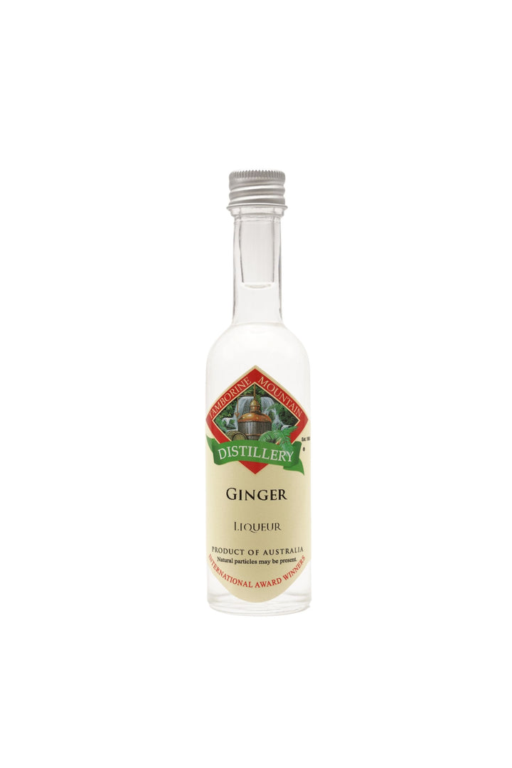 55ml handcrafted bottle of Tamborine Mountain Distillery’s Ginger Liqueur, in clear glass with small artisan label