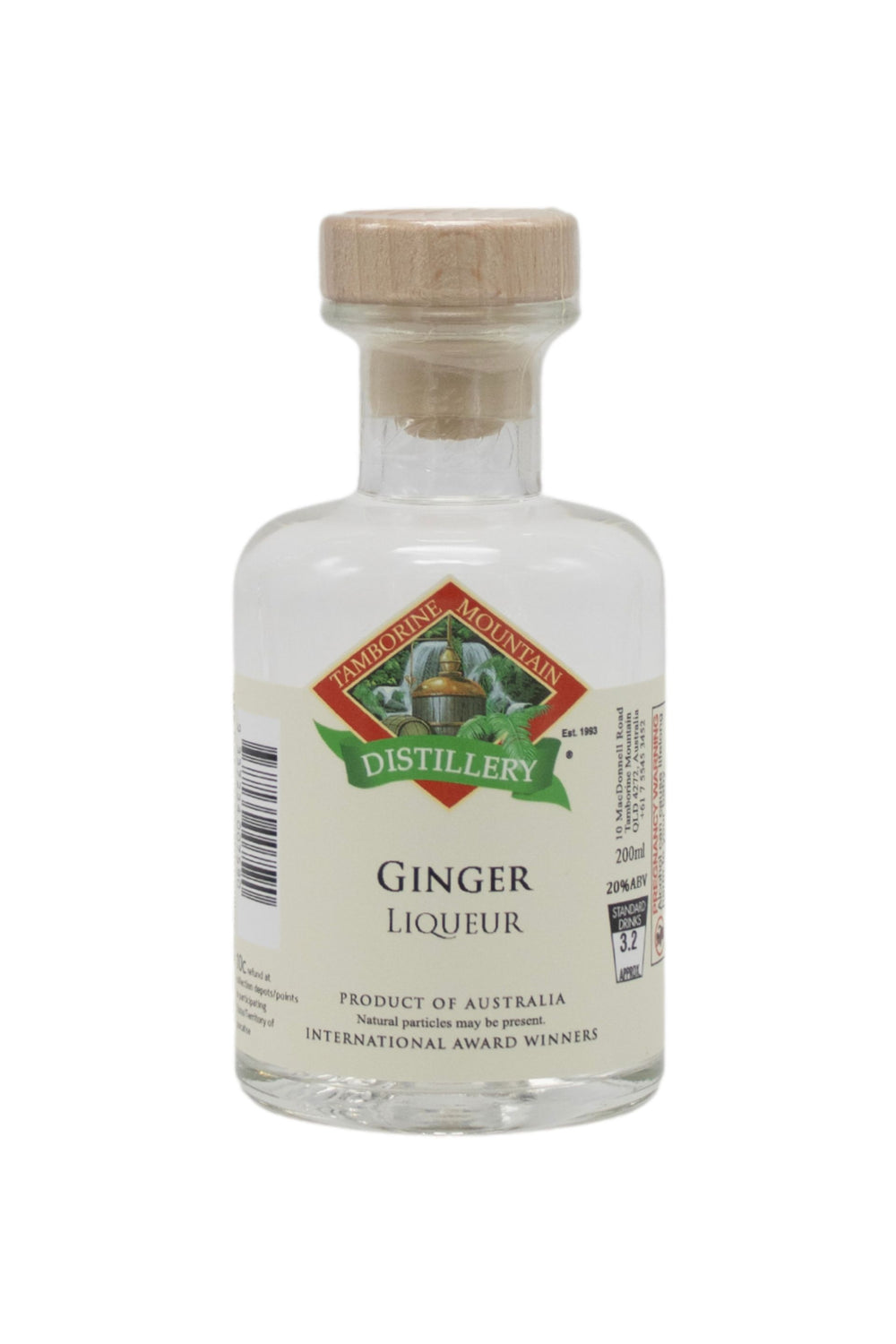 200ml handcrafted bottle of Tamborine Mountain Distillery’s Ginger Liqueur, in clear glass with small artisan label