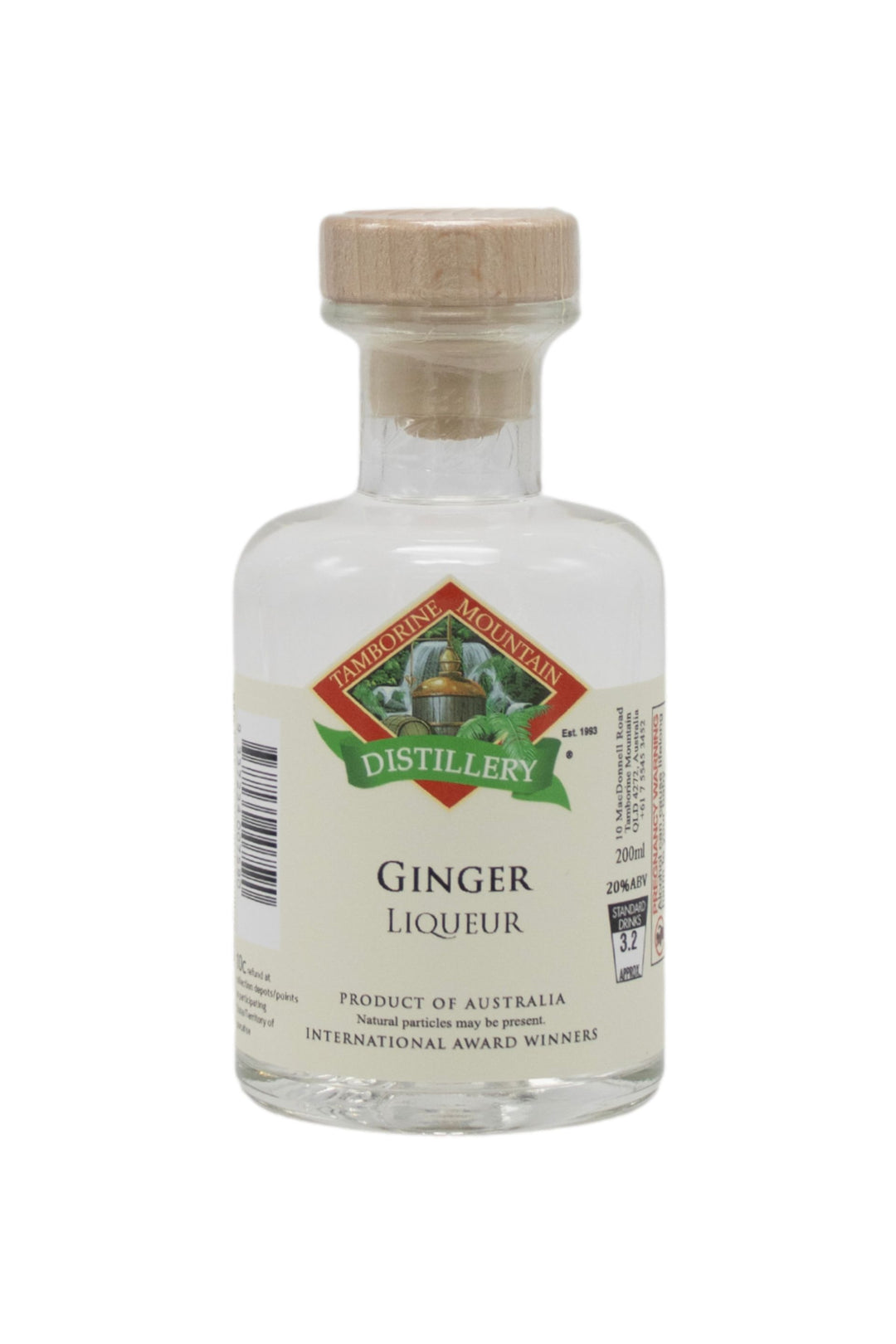 200ml handcrafted bottle of Tamborine Mountain Distillery’s Ginger Liqueur, in clear glass with small artisan label