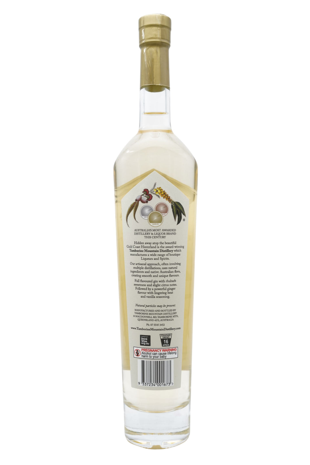 Back view of 500ml handcrafted clear glass bottle of Tamborine Mountain Distillery’s Ginger & Rhubarb Gin, featuring a label and a watercolour design