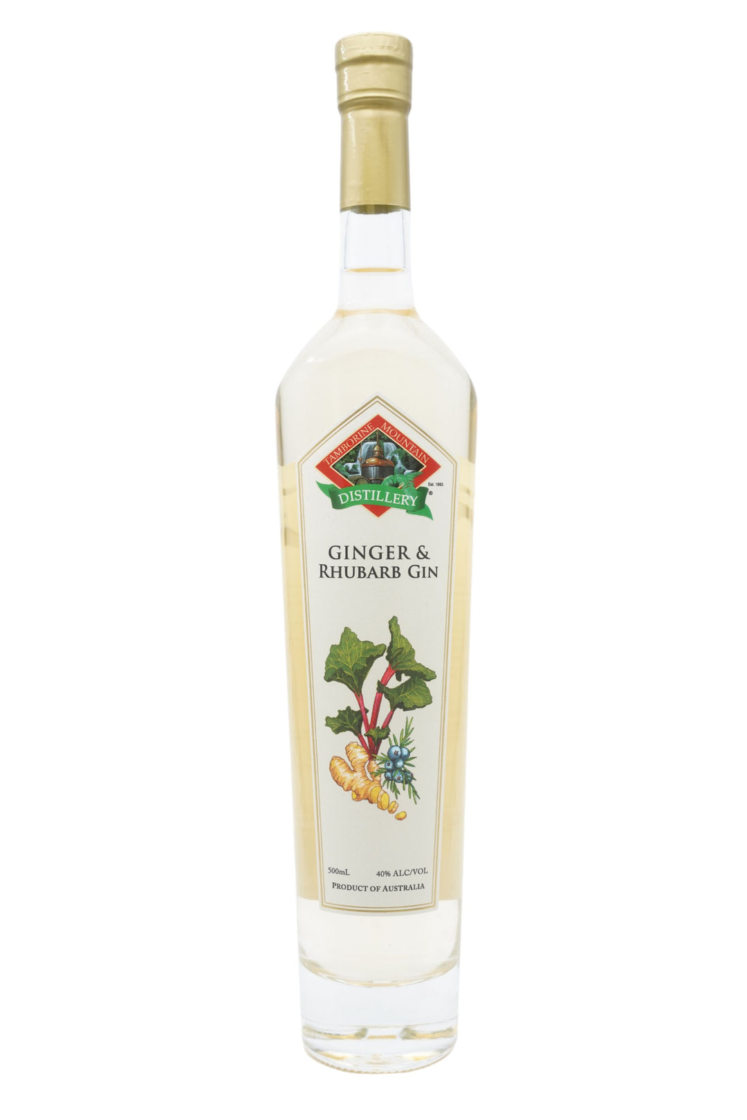 Front view of 500ml handcrafted clear glass bottle of Tamborine Mountain Distillery’s Ginger & Rhubarb Gin, featuring a label and a watercolour design