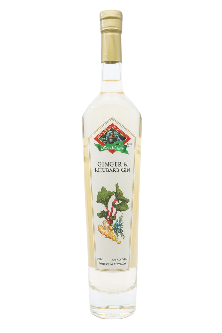 Front view of 500ml handcrafted clear glass bottle of Tamborine Mountain Distillery’s Ginger & Rhubarb Gin, featuring a label and a watercolour design
