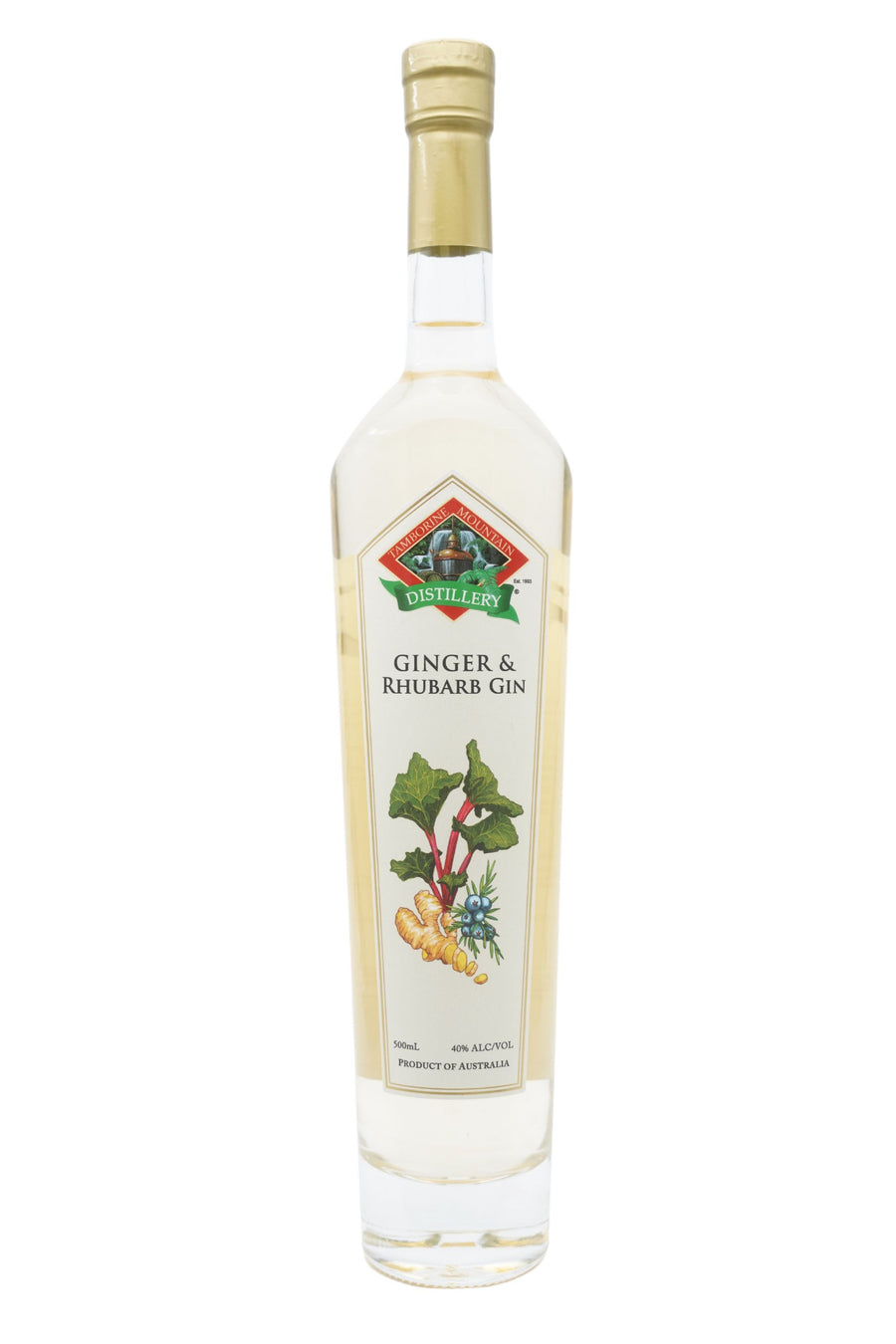 Front view of 500ml handcrafted clear glass bottle of Tamborine Mountain Distillery’s Ginger & Rhubarb Gin, featuring a label and a watercolour design