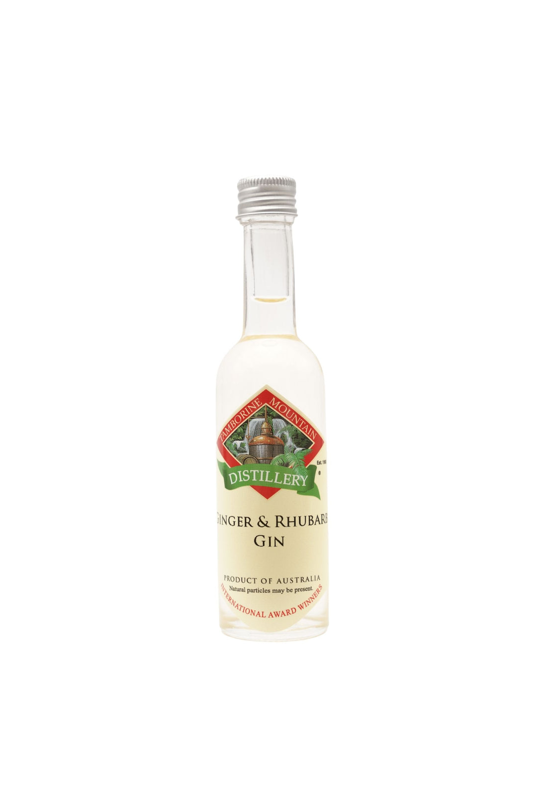 55ml handcrafted bottle of Tamborine Mountain Distillery’s Gin & Rhubarb Gin, in clear glass with small artisan label