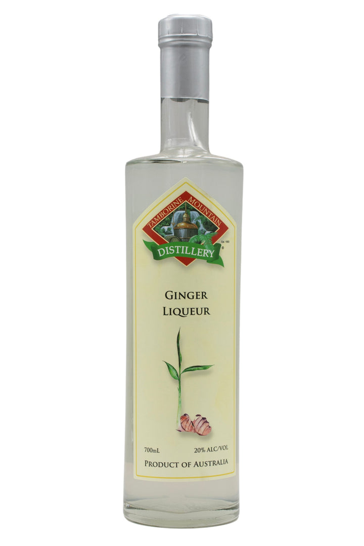 700ml clear glass bottle of Tamborine Mountain Distillery Ginger Liqueur, featuring a watercolour-style illustrated label reflecting its flavour profile.
