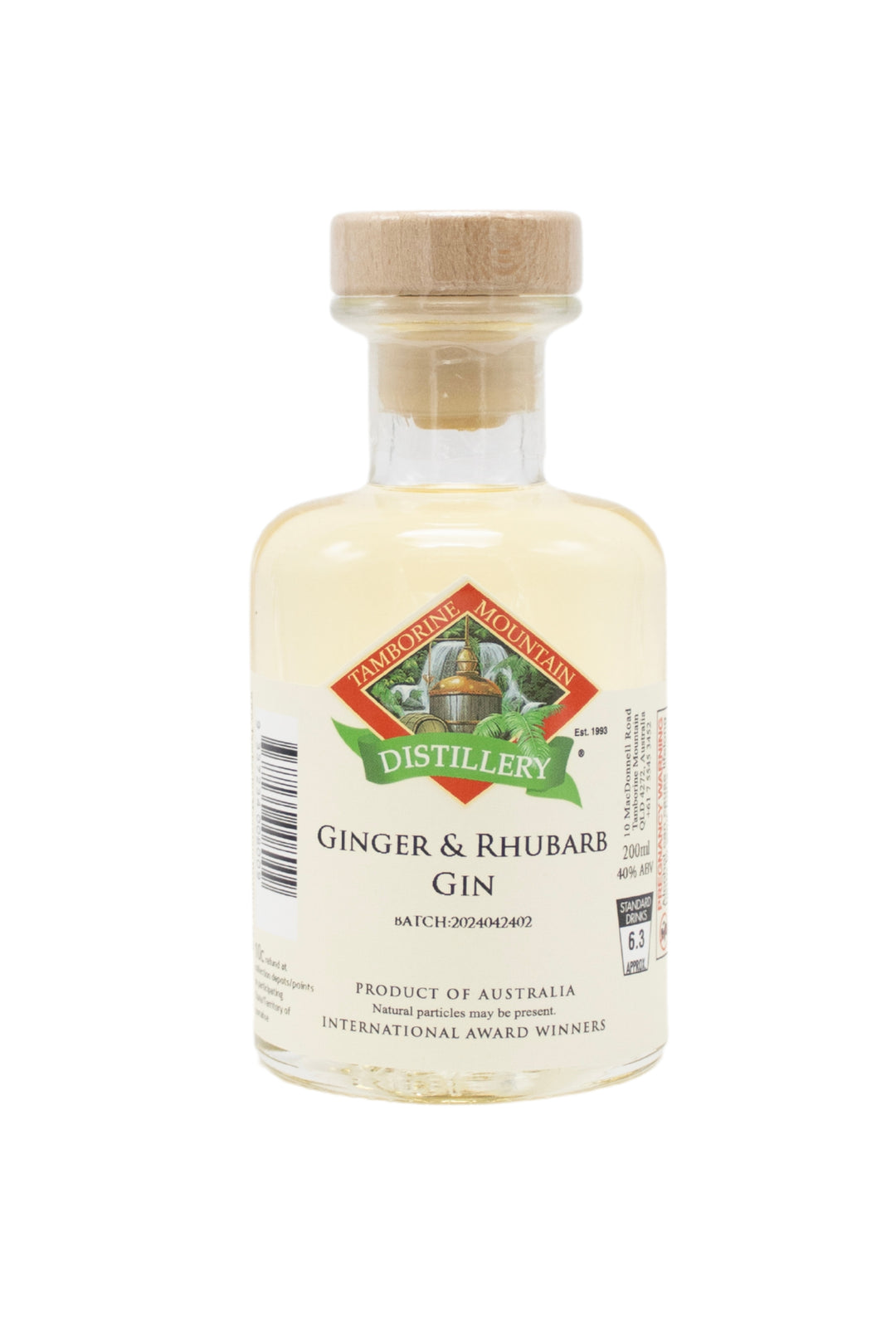 200ml handcrafted bottle of Tamborine Mountain Distillery’s Ginger & Rhubarb Gin, in clear glass with small artisan label