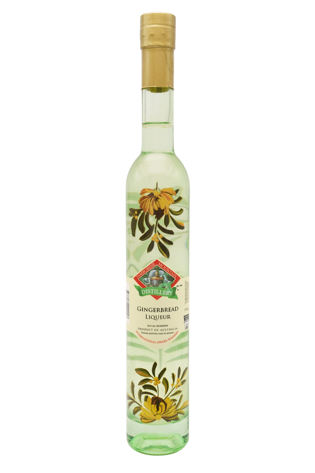 375ml handcrafted bottle of Tamborine Mountain Distillery’s Gingerbread Liqueur, featuring botanical artwork, coloured glass, and small artisan label