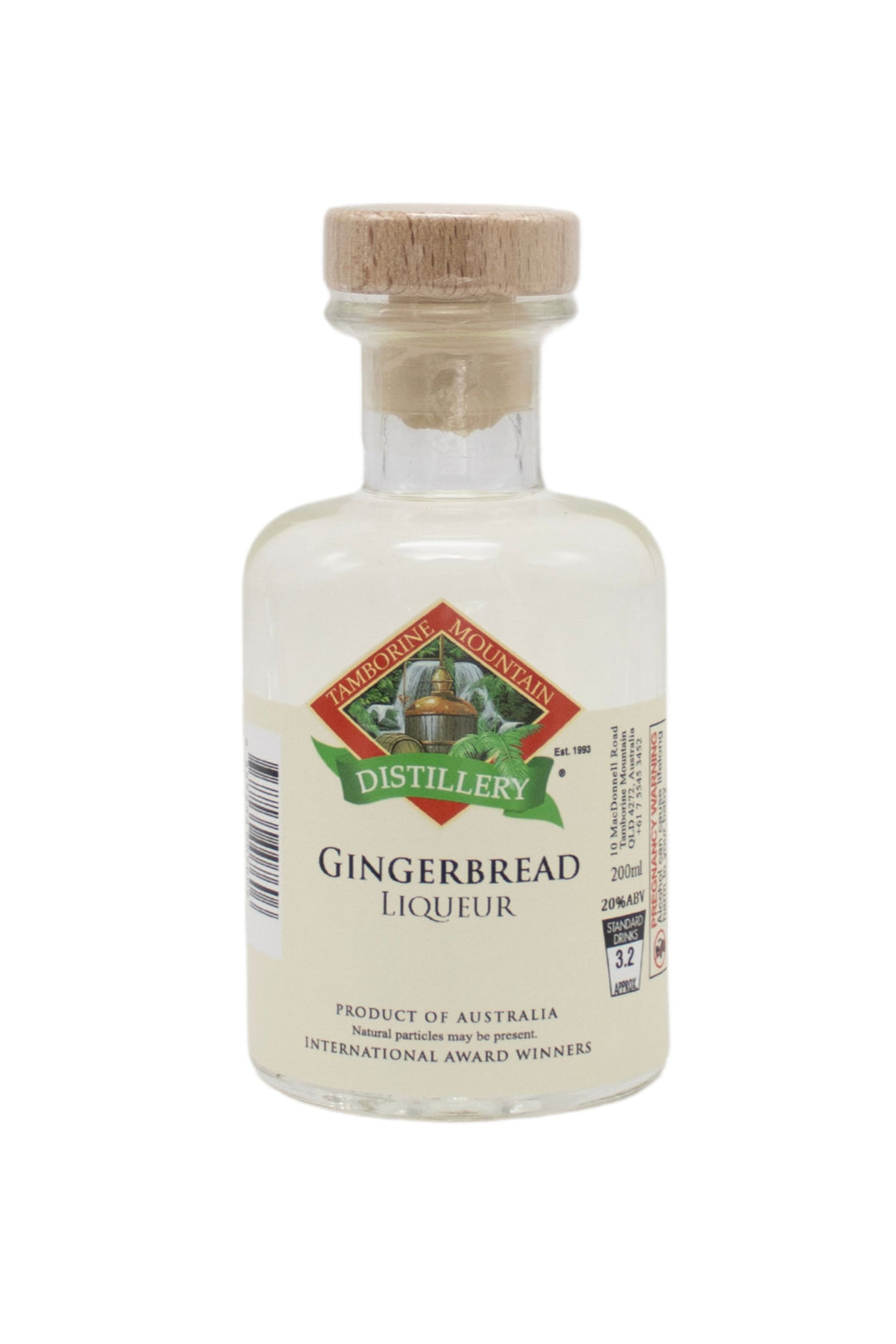 200ml handcrafted bottle of Tamborine Mountain Distillery’s Gingerbread Liqueur, in clear glass with small artisan label