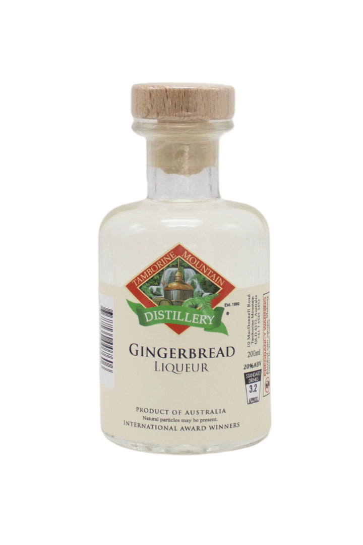 200ml handcrafted bottle of Tamborine Mountain Distillery’s Gingerbread Liqueur, in clear glass with small artisan label