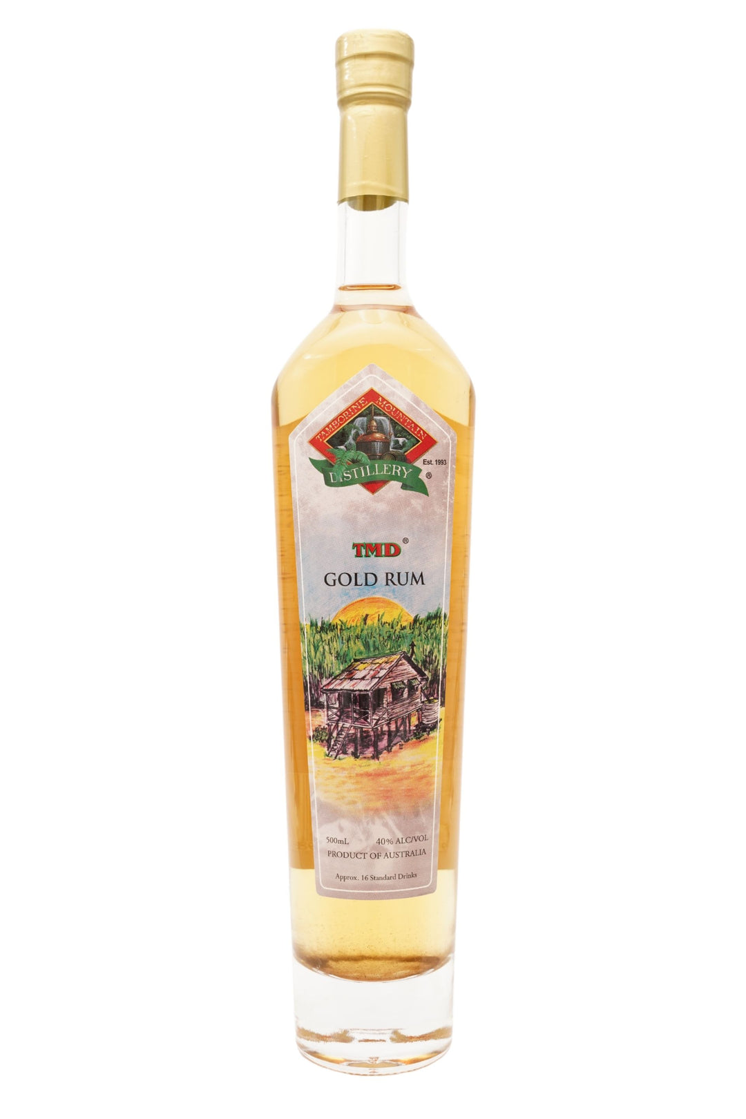 Front of 500ml clear glass bottle of Tamborine Mountain Distillery Gold Rum, featuring a watercolour-style illustrated label reflecting its flavour profile.